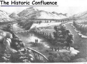 an artist's rendering of what the historic confluence of the Blackfoot and Clark Fork rivers may have looked like prior to the construction of the Milltown dam at the site in 1908. 